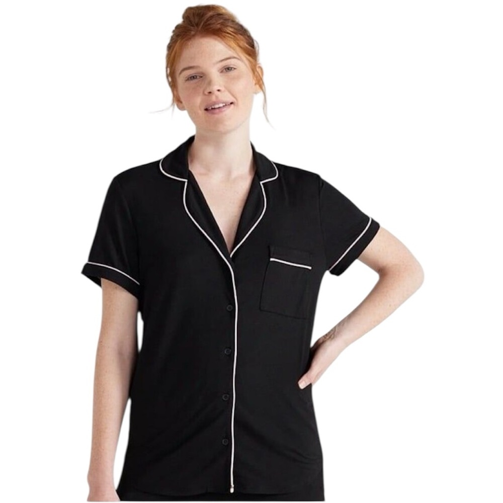 Joyspun Women’s Classic Notch Collar Pajama Top Black With Light Pink Trim Sz 2X